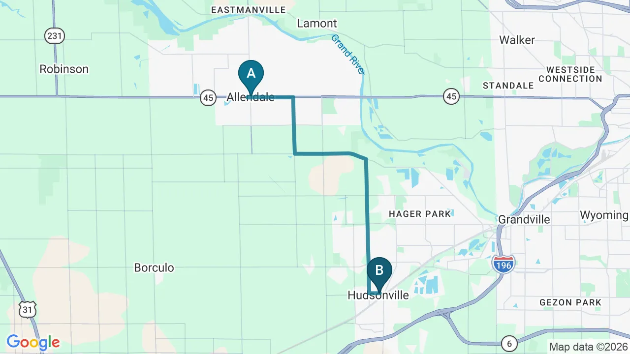 Driving directions map from Allendale, MI to Schomaker Chiropractic Clinic in Elk River