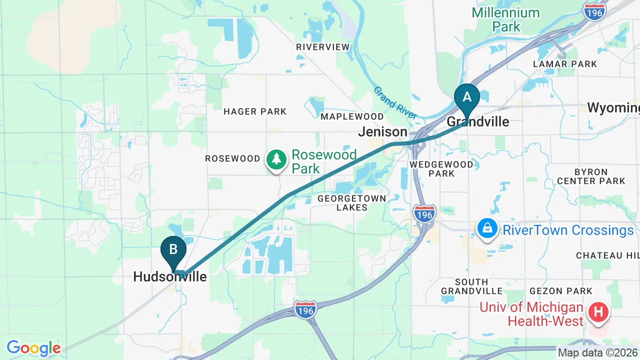 Driving directions map from Grandville, MI to Schomaker Chiropractic Clinic in Elk River