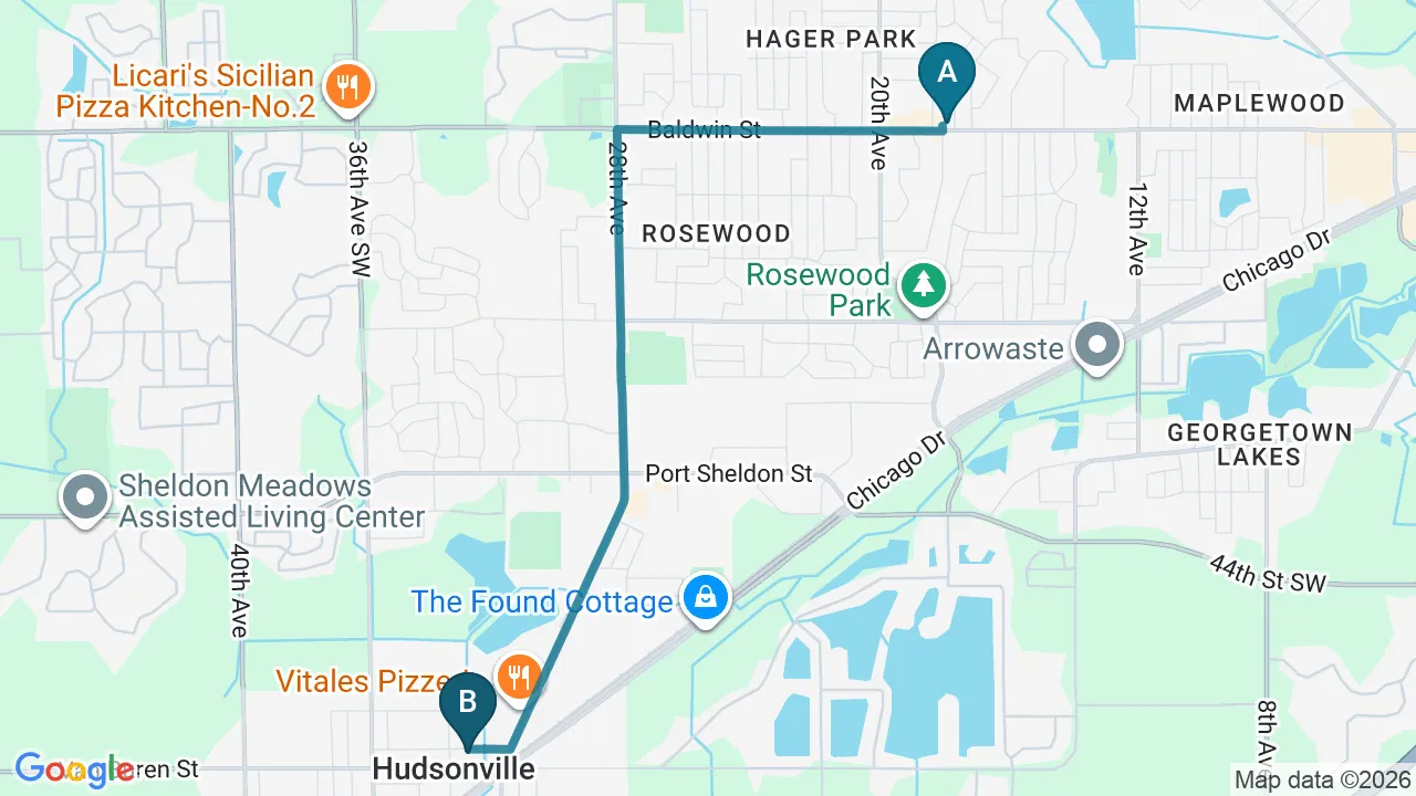 Driving directions map from Jenison, MI to Schomaker Chiropractic Clinic in Elk River