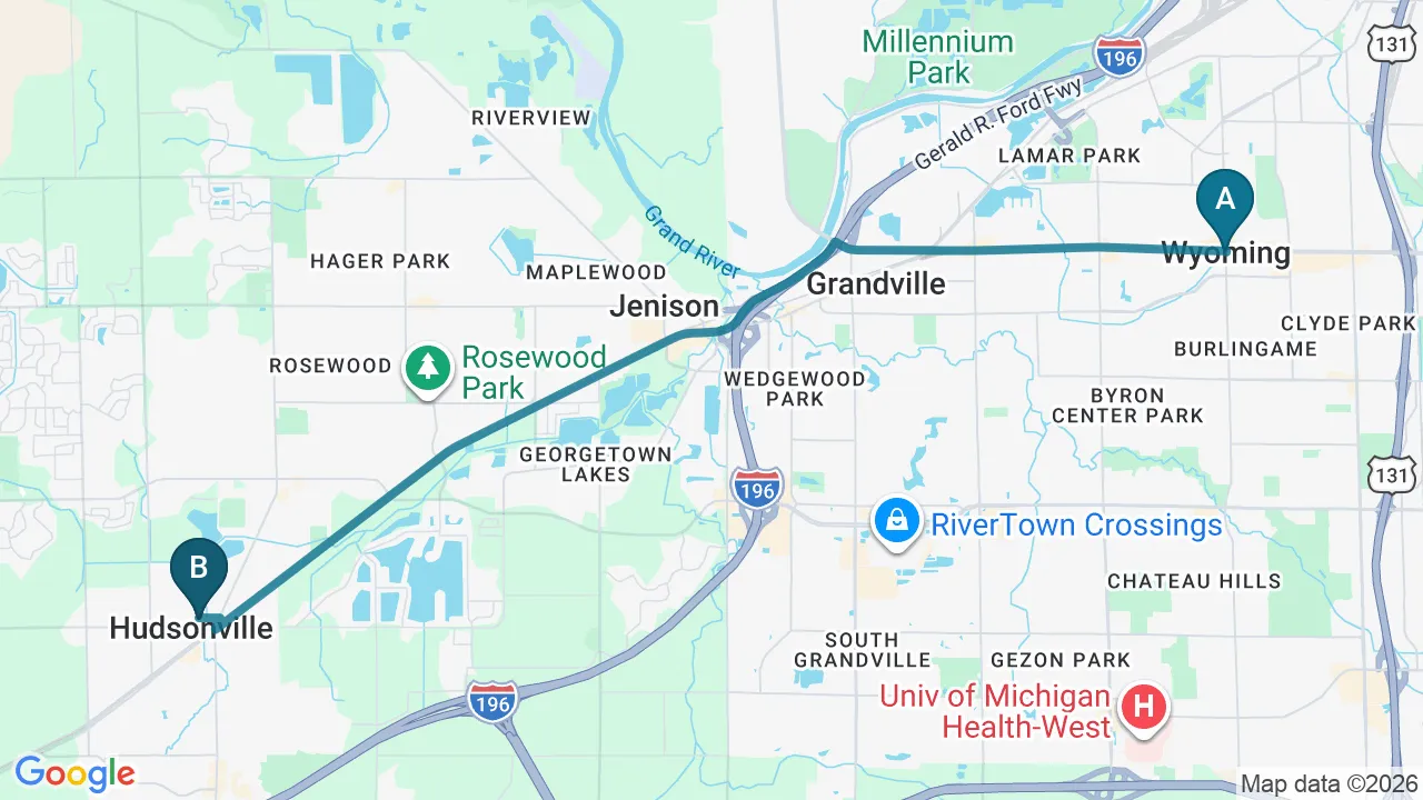 Driving directions map from Wyoming, MI to Schomaker Chiropractic Clinic in Elk River